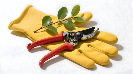 Pair of sharp pruning shears rests on yellow gardening gloves next to a small green plant branch, all against a bright white backgroundの素材