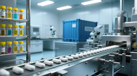 Pills being processed on an automated conveyor belt in a modern pharmaceutical factory, featuring various liquid samples in vialsの素材