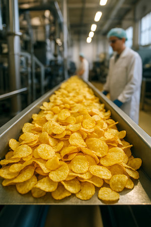 Crispy golden potato chips travel along a stainless steel conveyor belt in a food processing factory, with blurred workers overseeing the production lineの素材