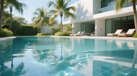 Pristine turquoise swimming pool water reflects palm trees and sun drenched modern architecture, creating a serene and luxurious tropical sceneの素材