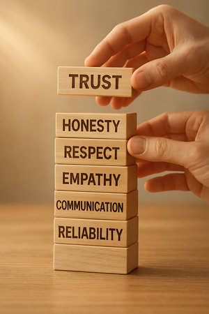 Hands carefully place Trust block on a stack of wooden blocks, symbolizing foundational elements for strong relationships Represents honesty, respect, empathy, communication, and reliabilityの素材
