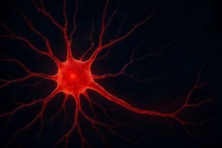 Vivid red neuron with a bright, pulsating core and intricate branching dendrites on a dark background Visualizes complex signals and vital processes within the central nervous systemの素材