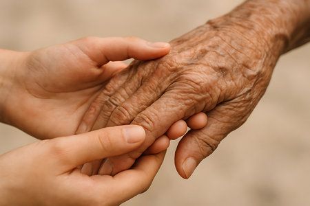 Young hand gently holds an elderly, wrinkled hand, symbolizing comfort and intergenerational connectionの素材