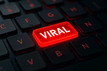 Close-up view of a dark keyboard with a bright red, illuminated VIRAL key, symbolizing rapid online popularity and digital marketing.の素材