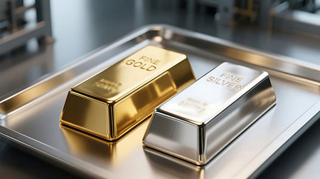 Polished gold and silver bars rest on a reflective metal tray, symbolizing precious investments and financial securityの素材