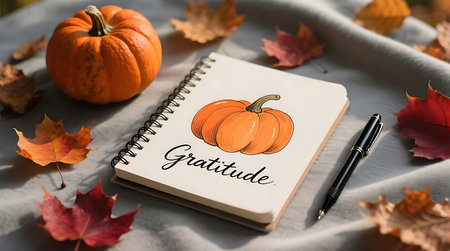 Warm autumnal scene showcasing a notebook inscribed with Gratitude, accompanied by a small pumpkin, a pen, and colorful maple leavesの素材
