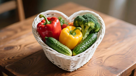 Heart shaped basket overflows with colorful, fresh vegetables including bell peppers, cucumbers, and broccoli Healthy produce displayed beautifully on a warm wooden surfaceの素材