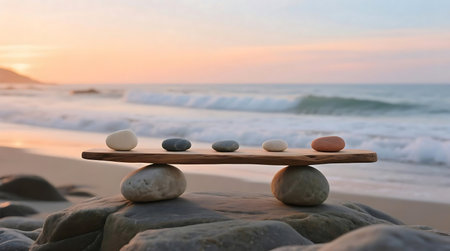 Smooth stones are carefully balanced on a wooden plank, set against the peaceful backdrop of a beach at sunset with soft waves This scene evokes a sense of tranquility and equilibriumの素材