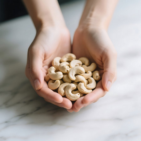 Persons hands cup a fresh, healthy portion of raw cashew nuts on a light background Emphasizes natural food and wholesome snackingの素材