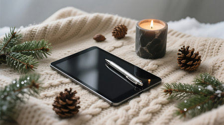 Warm and inviting winter setup featuring a tablet with a stylus, a glowing candle, and natural pine decorations resting on a soft cable knit blanketの素材