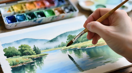 Close up of an artists hand using a paintbrush to create a peaceful watercolor landscape painting of mountains and a reflective lake A colorful paint palette rests blurred in the backgroundの素材