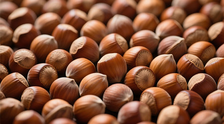 Numerous brown hazelnuts lie closely packed, showcasing their smooth shells and intricate bases Excellent for healthy food concepts and natural backgroundsの素材