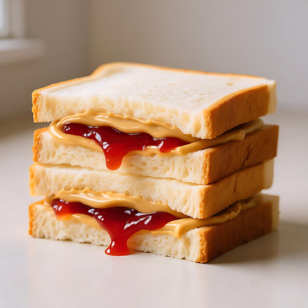 Close up of a perfectly stacked peanut butter and jelly sandwich, featuring creamy peanut butter and vibrant red jelly oozing between soft white bread slices Appetizing and sweetの素材