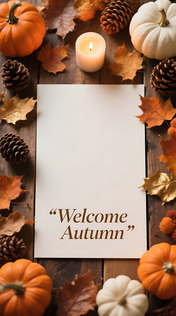 Flat lay shows a welcoming autumn display on rustic wood, featuring orange and white pumpkins, scattered leaves, and a lit candle around a messageの素材