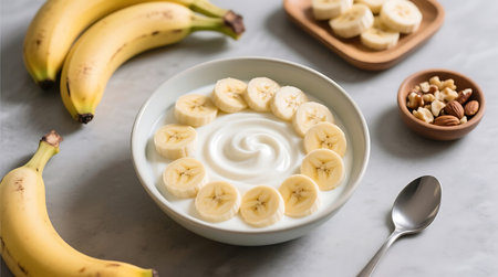 Creamy white yogurt topped with fresh banana slices arranged in a circle, accompanied by whole bananas and mixed nuts on a light surfaceの素材
