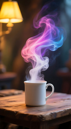 Warm light illuminates a white mug with mesmerizing, brightly colored steam rising, creating an enchanting and cozy atmosphere This artistic illustration features a gradient of pink, purple, and blue huesの素材