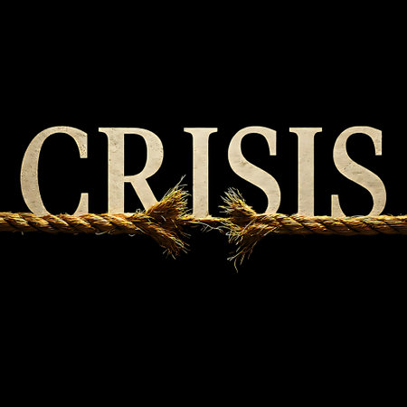 Depiction of the word CRISIS above a thick, frayed rope breaking in the middle, symbolizing impending collapse or a critical situationの素材