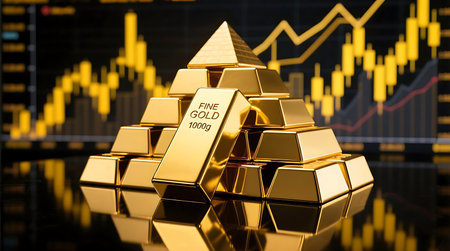 Gleaming gold bars stacked into a pyramid, symbolizing wealth and investment, against a backdrop of blurred financial market chartsの素材