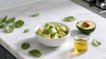 Diced avocado in a white bowl, a halved avocado, and olive oil in a jar arranged with fresh green leaves on a white marble countertopの素材
