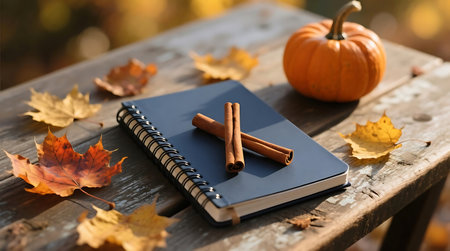 Rustic outdoor setting features a small pumpkin, a spiral notebook, and cinnamon sticks on a wooden table, surrounded by vibrant autumn leaves in golden hour sunlightの素材
