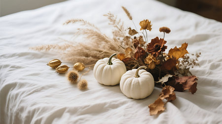 Elegant autumn arrangement featuring white mini pumpkins, dried grasses, and warm toned leaves on a soft white fabric background Perfect for seasonal decorの素材