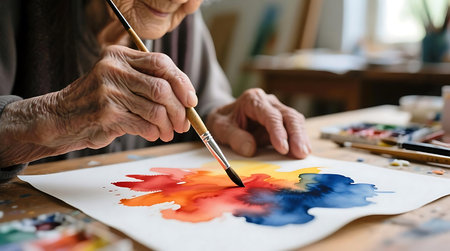 Wrinkled hands of an elderly person delicately apply colorful watercolors to paper, expressing creativity through artの素材