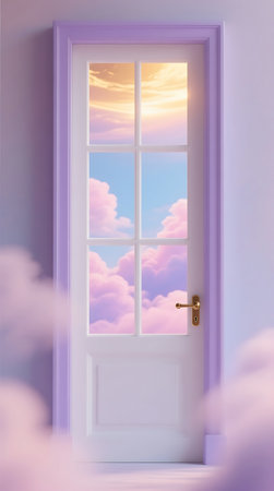 Lavender door features window panes revealing a tranquil sky filled with pastel pink and golden clouds Soft, dreamlike atmosphere evokes a sense of wonder and peaceful escapeの素材