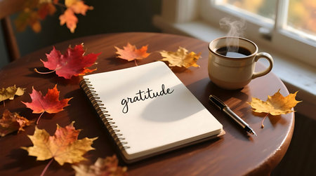 Open spiral bound journal with gratitude written on it, next to a steaming mug of coffee and colorful autumn leaves on a warm wooden table, bathed in natural lightの素材