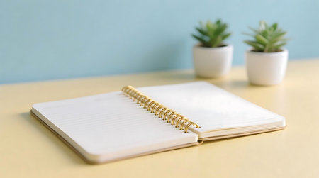 Open spiral bound notebook lies on a light yellow desk, displaying blank lined pages Blurred potted plants are visible in the soft backgroundの素材
