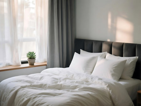 Comfortable bedroom with a neatly made bed featuring white linens and pillows, alongside a window with sheer curtains and a small potted succulent Warm sunlight filters into the serene spaceの素材