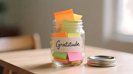 Glass jar labeled Gratitude brimming with vibrant sticky notes, sitting on a light wooden table Represents mindfulness and appreciationの素材