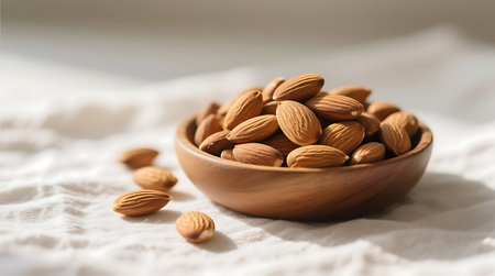 Hearty and wholesome raw almonds filling a small rustic wooden bowl, artfully arranged on a soft white textured fabricの素材