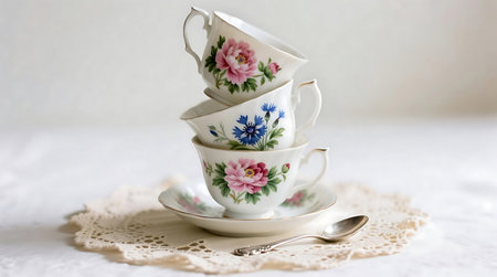 Delicate porcelain teacups with intricate floral patterns are stacked on a decorative doily next to a silver spoon, creating an elegant settingの素材