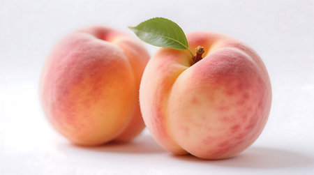 Vibrant, ripe peaches displayed on a pristine white surface One peach features a fresh green leaf, highlighting its natural freshnessの素材
