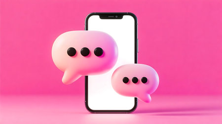 Mobile phone with a blank screen, flanked by two pink 3D chat bubbles, stands on a bright pink surface, illustrating digital communicationの素材