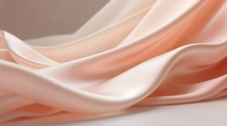 Smooth, luxurious silk fabric in delicate peach and cream tones drapes gracefully, creating a sophisticated background of soft waves and gentle shadowsの素材