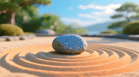 A polished blue speckled stone is centered in the meticulously raked sand of a Japanese rock garden, with blurred greenery and sky in the backgroundの素材