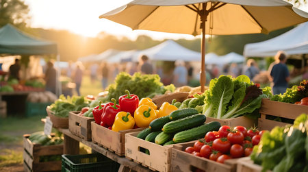 Fresh bell peppers, cucumbers, and tomatoes are neatly arranged in wooden crates at an outdoor farmers market during golden hour, with blurred shoppers in the backgroundの素材