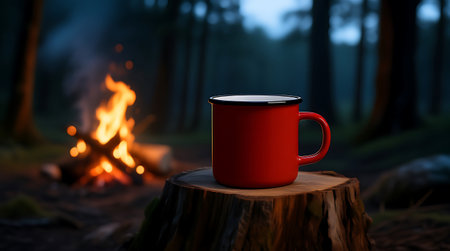 Vibrant red enamel mug rests on a rustic tree stump, illuminated by the warm glow of a crackling campfire in a tranquil, dark forestの素材