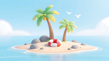 Stylized 3D rendering displays a tranquil tropical island in the ocean under a clear blue sky Palm trees, rocks, and life buoy dot the sandy beach, with white birds flyingの素材
