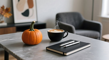 Cozy autumnal scene with a steaming latte, a small pumpkin, and a journal with pens, set on a stylish marble table Perfect for a productive or relaxing fall dayの素材