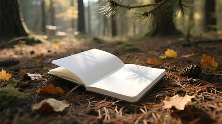Blank notebook rests open on a forest floor, surrounded by autumn leaves and pine needles Sunlight casts dappled shadows on the empty pages, creating a peaceful, contemplative sceneの素材