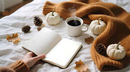 Enjoying a peaceful autumn morning in bed with a steaming cup of coffee, an open journal, pumpkins, and fall leaves Perfect for cozy relaxationの素材