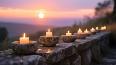 Glowing candles in rustic stone holders line a wall, casting soft light against a tranquil sunset sky Evokes peace and spiritual reflection outdoorsの素材