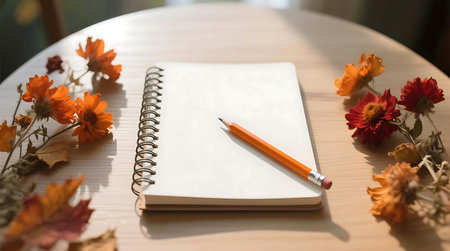 Blank spiral notebook and pencil arranged on a light wooden table, surrounded by warm toned dried autumn flowers and leaves, under natural lightの素材