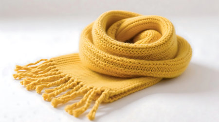 Vibrant yellow knitted scarf artfully coiled, showcasing its chunky texture and decorative fringes against a soft, light backgroundの素材