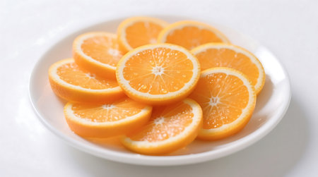 Vibrant orange slices with sparkling water droplets are neatly arranged on a clean white plate Refreshing citrus fruit offers a bright, healthy snackの素材