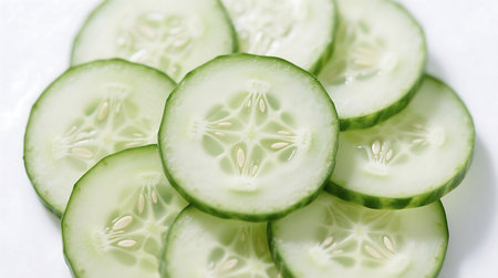 Multiple thin, vibrant green cucumber slices are arranged, highlighting their translucent flesh and visible seeds against a clean white backdrop Perfect for healthy food conceptsの素材