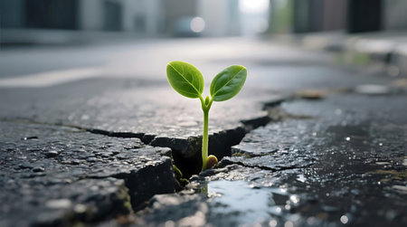 Resilient green seedling emerges from a crack in the asphalt pavement, symbolizing hope and growth in an urban environmentの素材