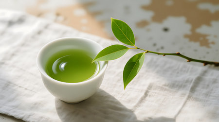 Refreshing green tea fills a minimalist white cup, accompanied by vibrant fresh tea leaves on a subtly textured backgroundの素材
